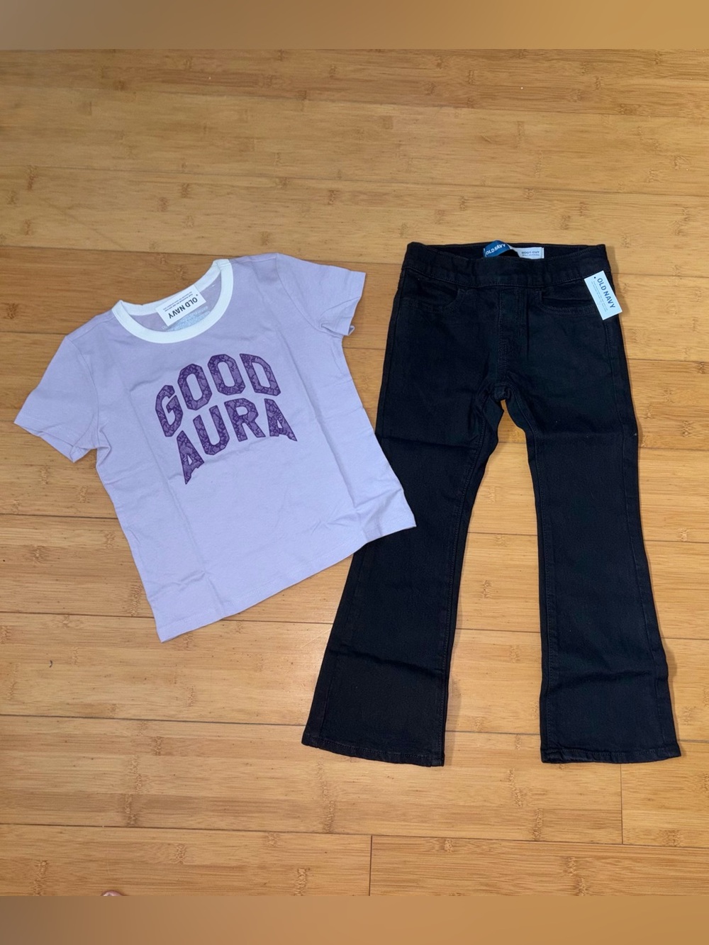 NWT Girl’s Size M 8 Outfit - “Good Aura” Tee Top & Black Jeans Pants Set